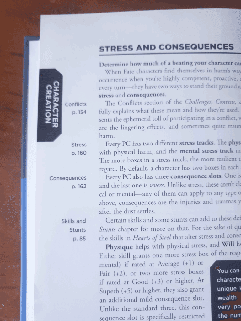 Visuel du livre Fate Core, chapitre Stress and Consequences
On voit des notes en marge du texte :
conflicts p. 154
Stress p. 160
Consequences p.162